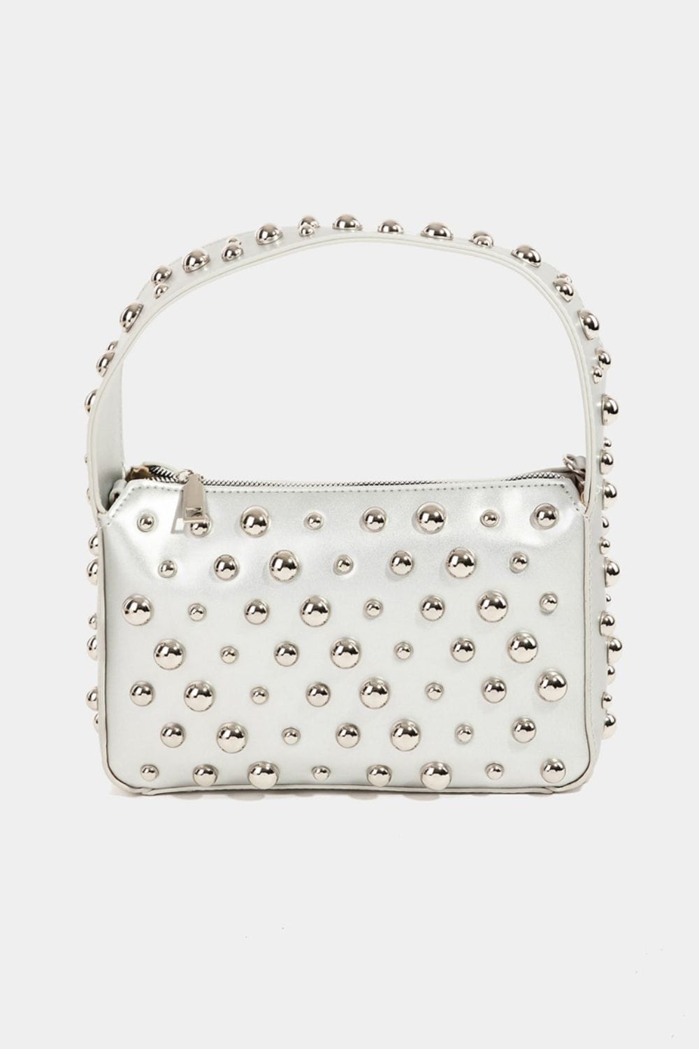 Unique Kulture Fame Ball Studded Square Handbag featuring a contemporary square silhouette adorned with eye-catching ball studs. The handbag is displayed in a stylish setting, highlighting its small size and elegant design, perfect for enhancing any outfit.
