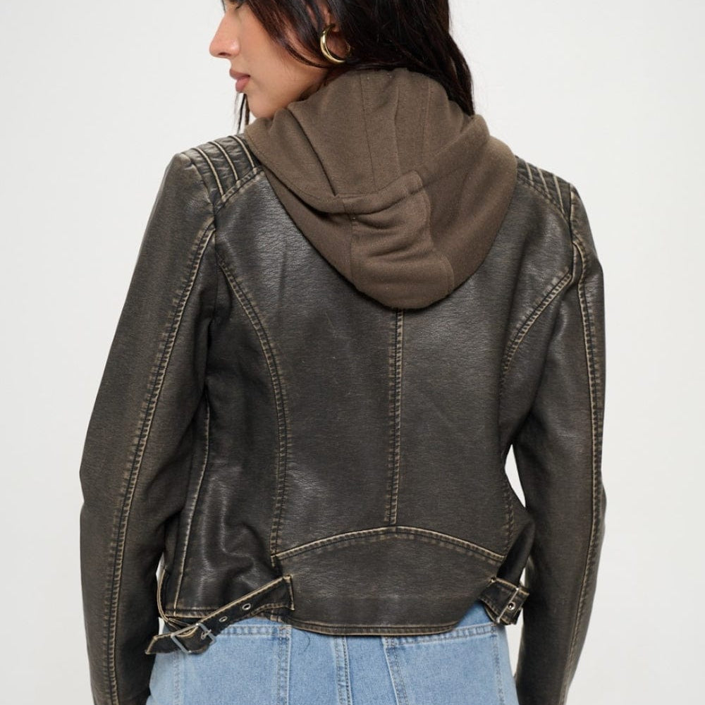 Front view of the Unique Kulture Coalition LA Zip Up Hooded Jacket, featuring a sleek design made from 100% vegan leather. The jacket includes a practical zip-up pocket and an adjustable hood, showcasing a stylish and sustainable option for fashionable
