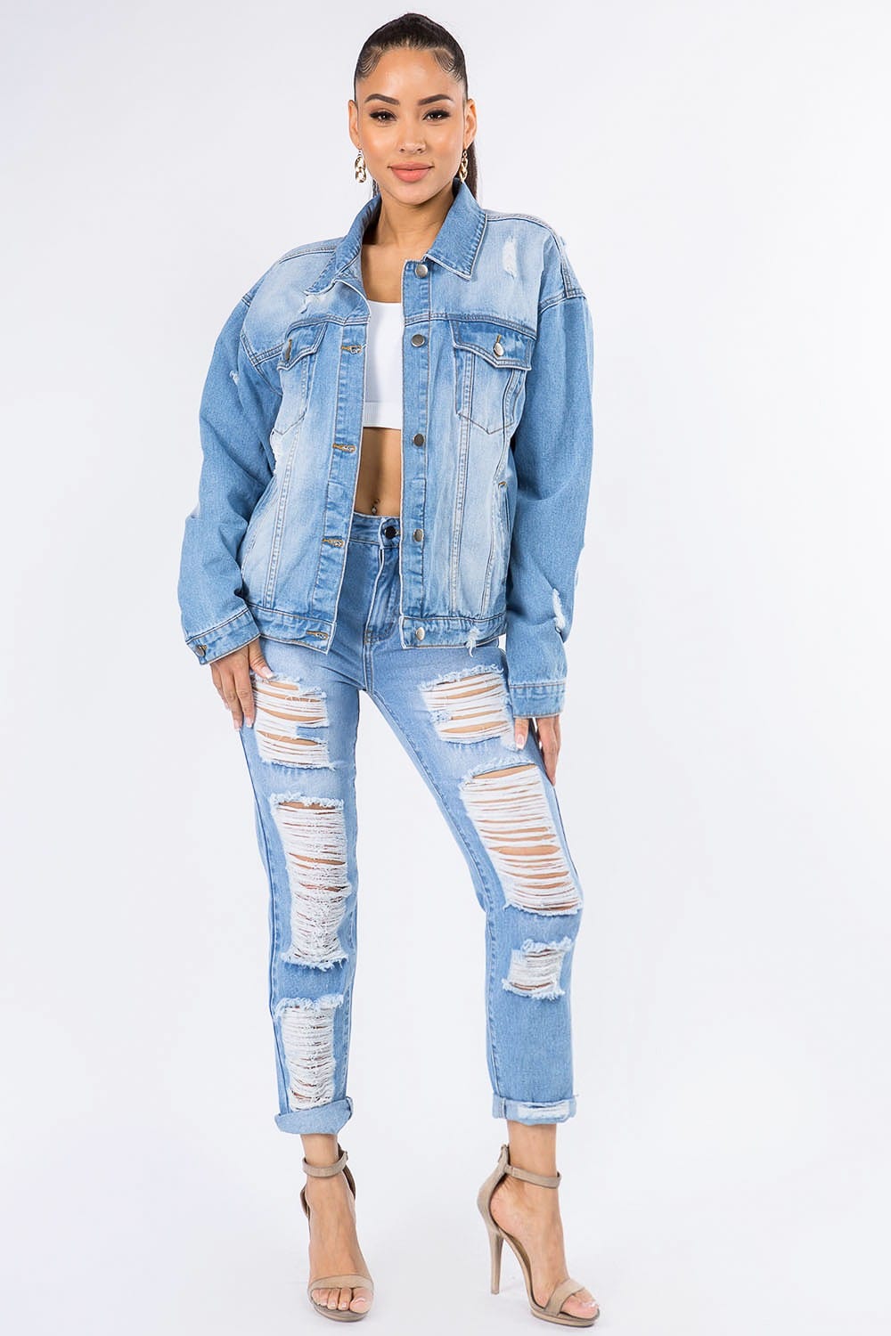 Bazi Graphic Distressed Long Sleeve Denim Jacket