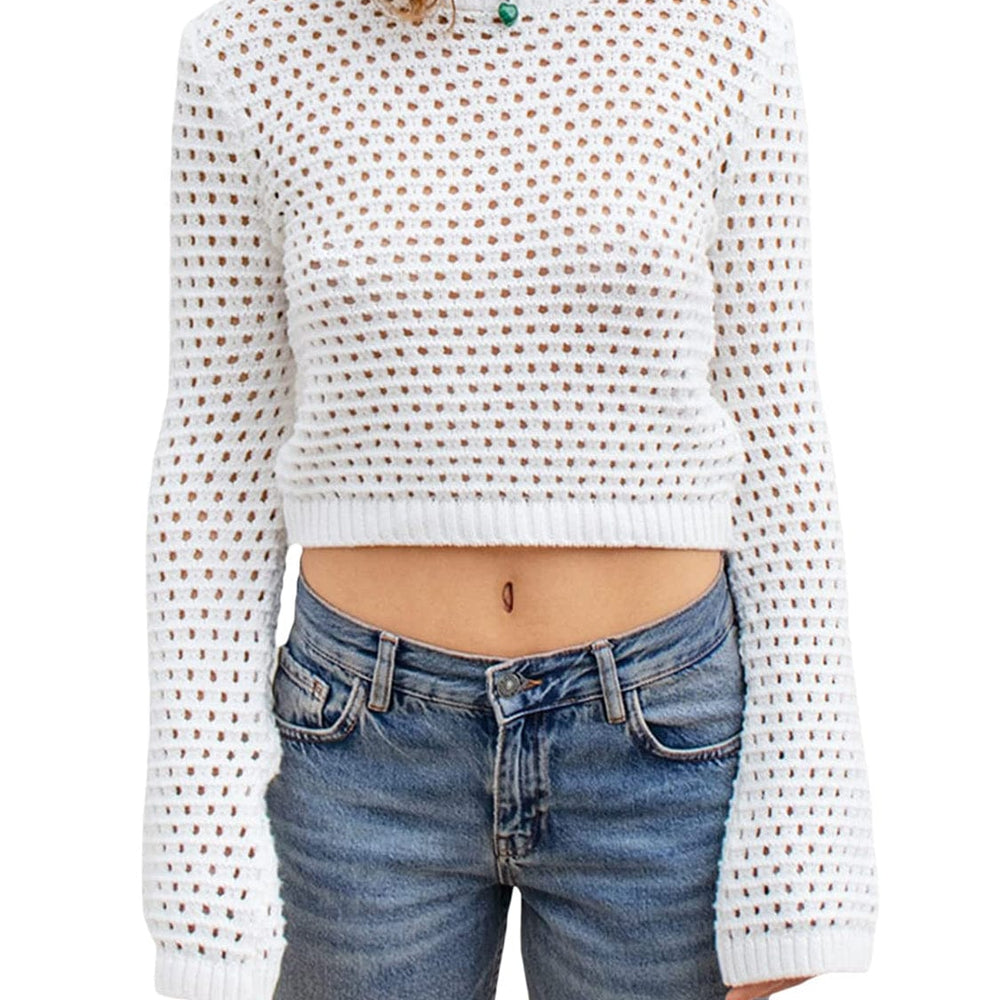 Front view of the Openwork Round Neck Long Sleeve Knit Top, featuring an elegant openwork design and a classic round neckline. The top showcases long sleeves and a slightly stretchy fit, made from 100% polyester, perfect for stylish and comfortable wear
