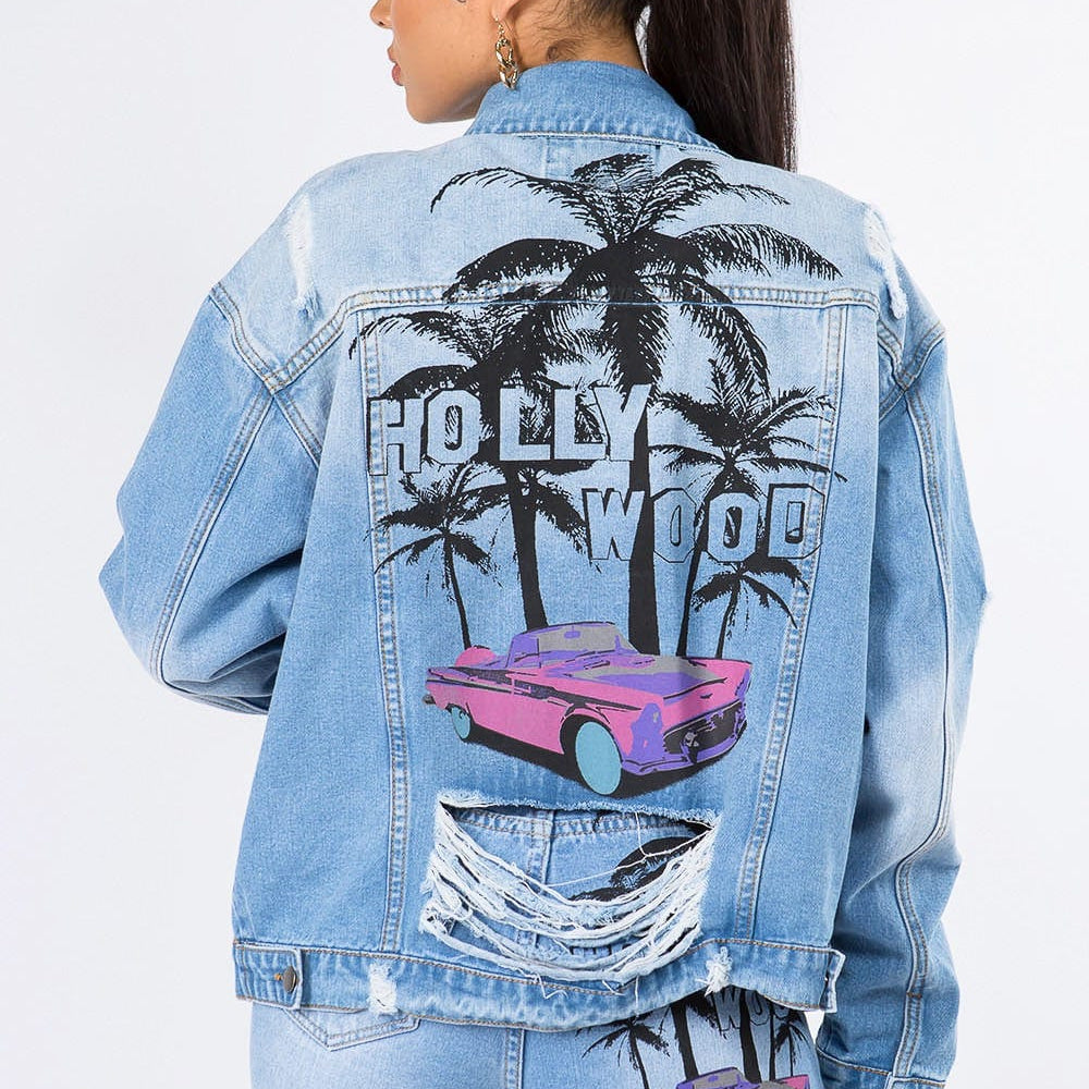 Unique Kulutre Bazi Graphic Distressed Long Sleeve Denim Jacket back view