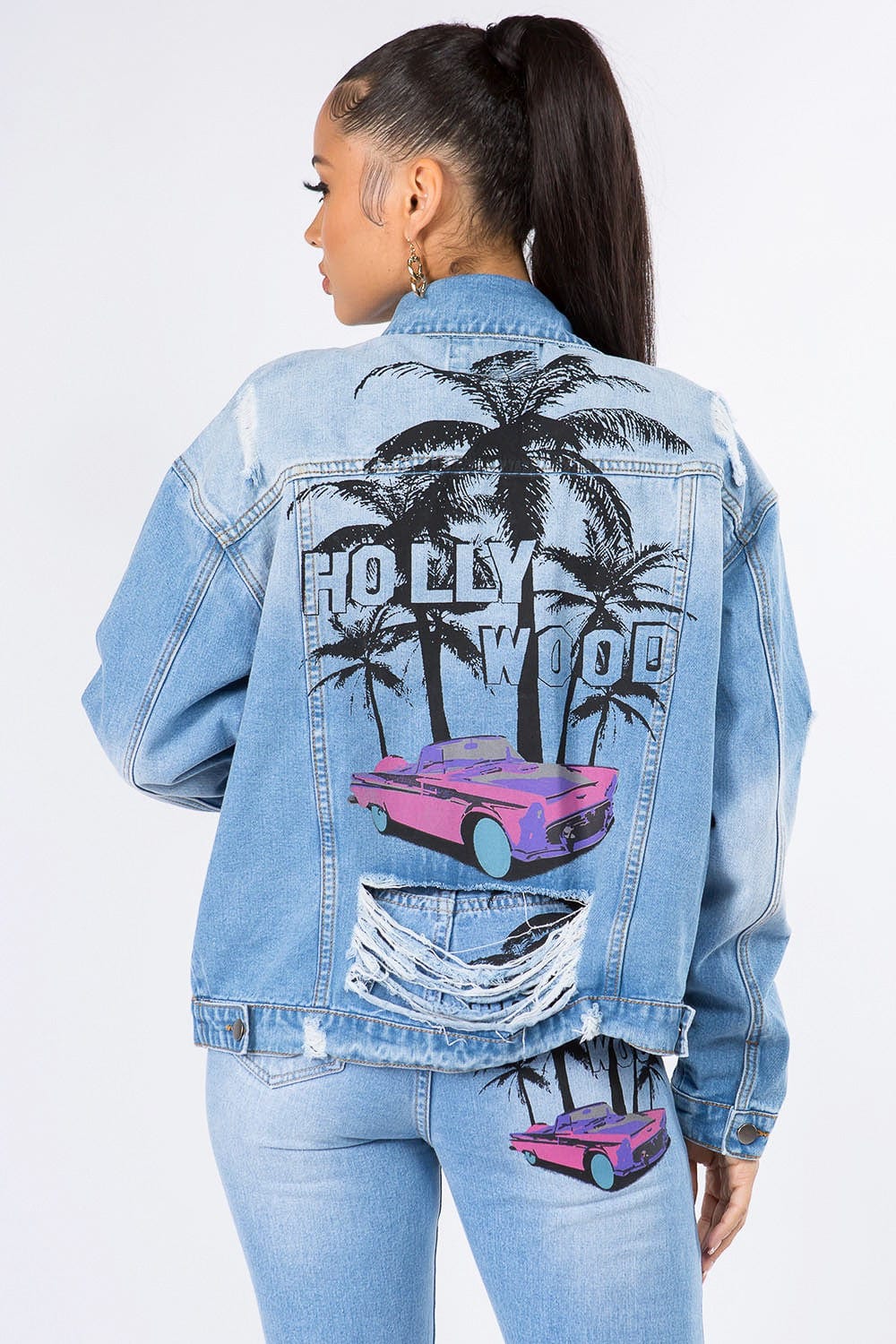 Unique Kulutre Bazi Graphic Distressed Long Sleeve Denim Jacket back view