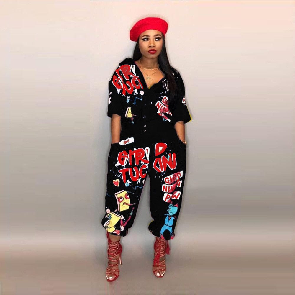 unique fashion jumpsuit, designer jumpsuit, streetwear jumpsuit, cartoon pattern jumpsuit, polyester jumpsuit, full length jumpsuit, boot cut fit jumpsuit, broadcloth fabric jumpsuit, trendy jumpsuit, exclusive jumpsuit, stylish jumpsuit, fashion-forward jumpsuit, distinctive jumpsuit, high-quality jumpsuit, comfortable jumpsuit, individualistic jumpsuit, statement jumpsuit, fashionista jumpsuit.