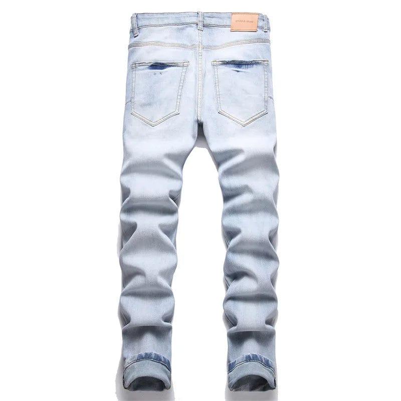 unique kulture designer Blue Print Jeans Mid-Waist Stretch Casual Slim Men's Denim Casual Pants