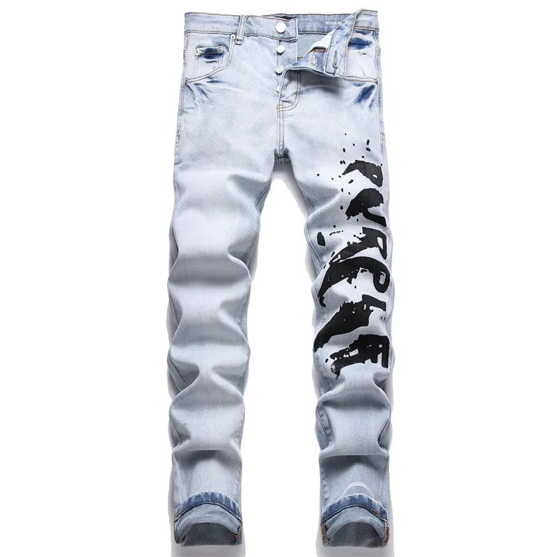 unique kulture designer Blue Print Jeans Mid-Waist Stretch Casual Slim Men's Denim Casual Pants