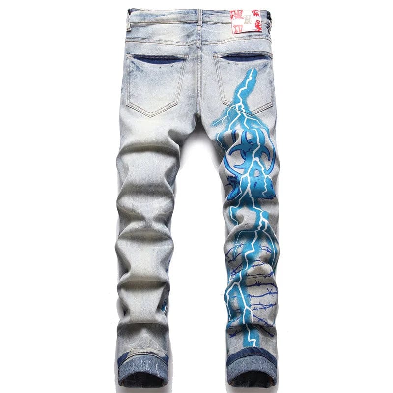 A pair of blue vintage designer jeans from Kulutre, featuring unique distressed details and intricate stitching. The high-quality denim showcases a one-of-a-kind, lived-in look with bespoke patches, emphasizing both style and comfort. These jeans embody a perfect blend of classic vintage charm and modern design, ideal for versatile styling
