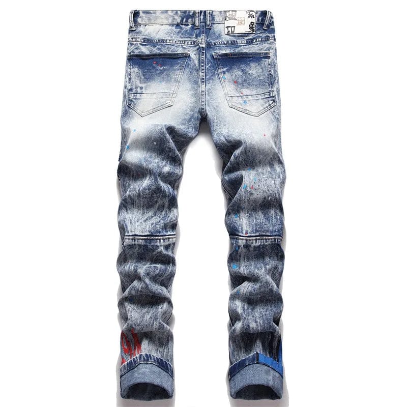 unique kulture designer Snowstorm Ripped Jeans Patch Embroidery Slim Man Denim