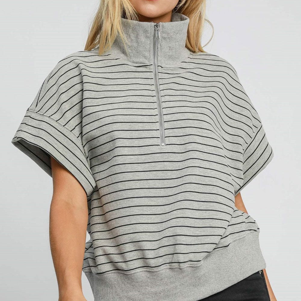 Striped Half Zip Short Sleeve Sweatshirt for women, featuring a fresh striped pattern, comfortable fit, and half-zip design, perfect for spring and summer casual wea
