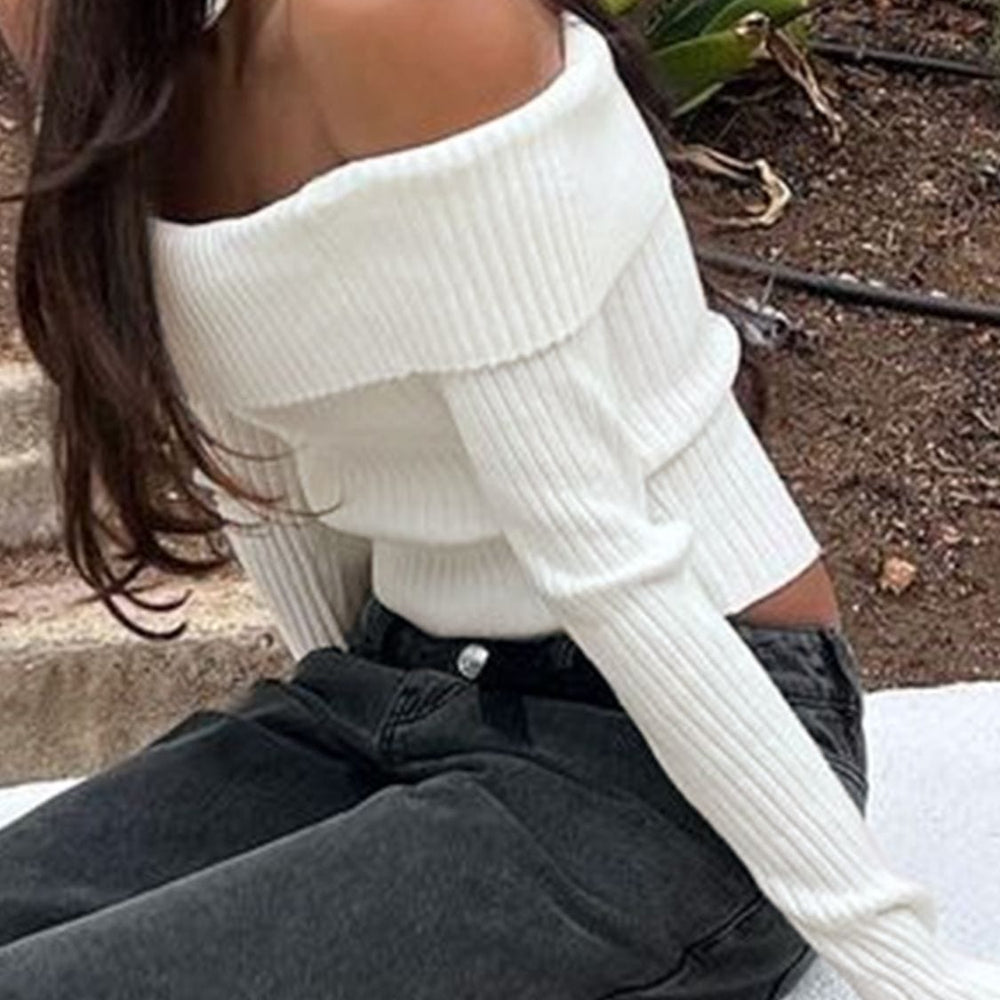 "Perfee Off Shoulder Long Sleeve Sweater featuring a stylish off-shoulder design, long sleeves, and a comfortable fit made from a soft viscose blend, perfect for casual and chic outfits
