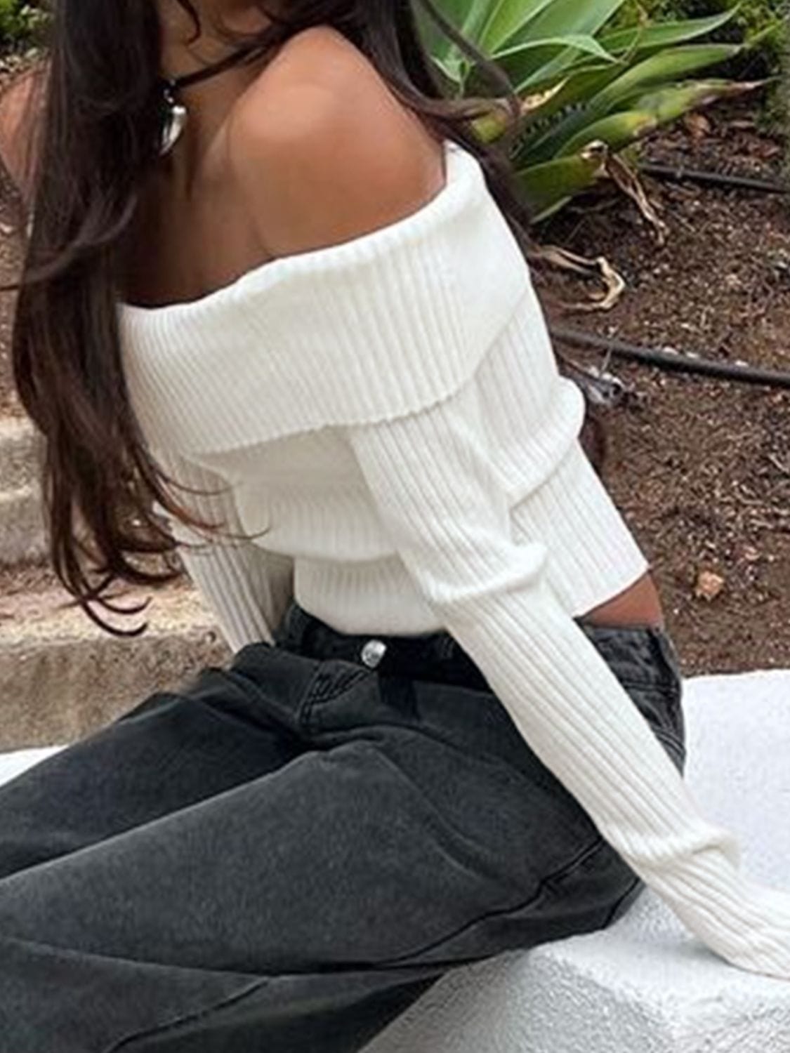 "Perfee Off Shoulder Long Sleeve Sweater featuring a stylish off-shoulder design, long sleeves, and a comfortable fit made from a soft viscose blend, perfect for casual and chic outfits
