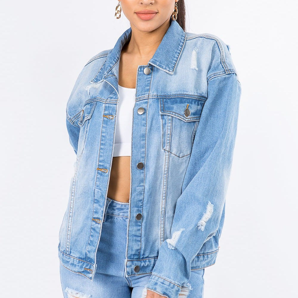 Unique Kulutre Bazi Graphic Distressed Long Sleeve Denim Jacket front view