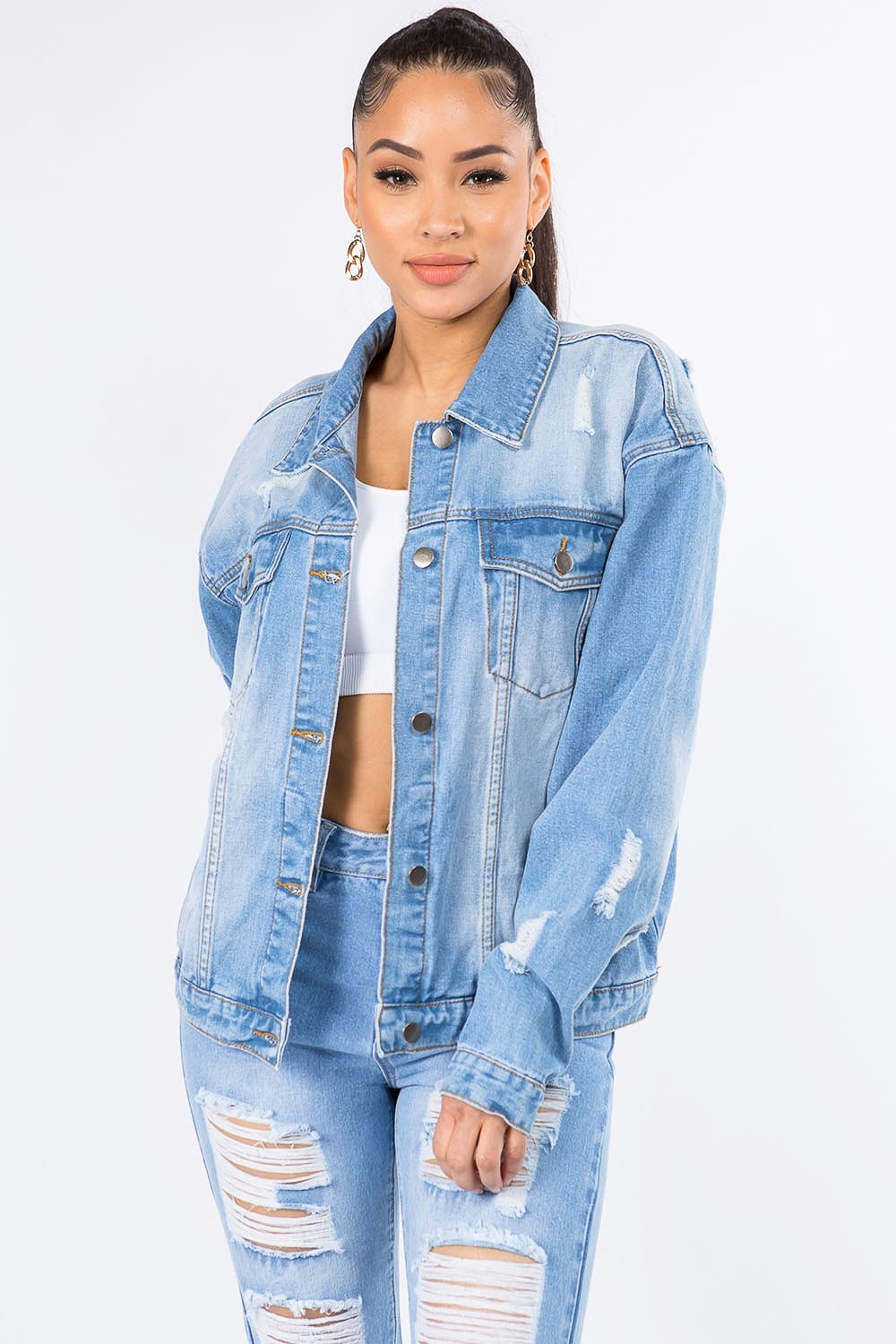 Bazi Graphic Distressed Long Sleeve Denim Jacket