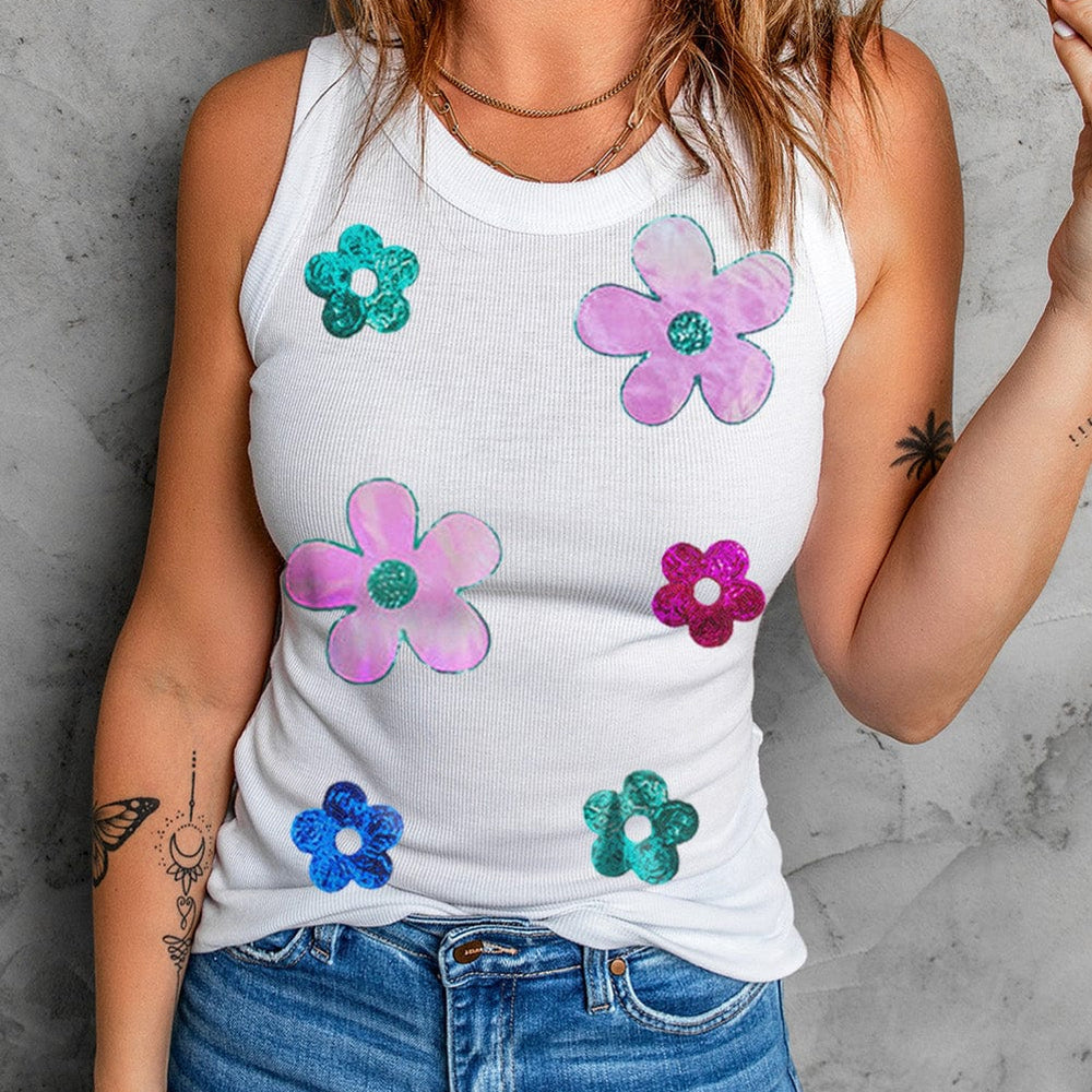 cool Sequin Flower Round Neck Tank