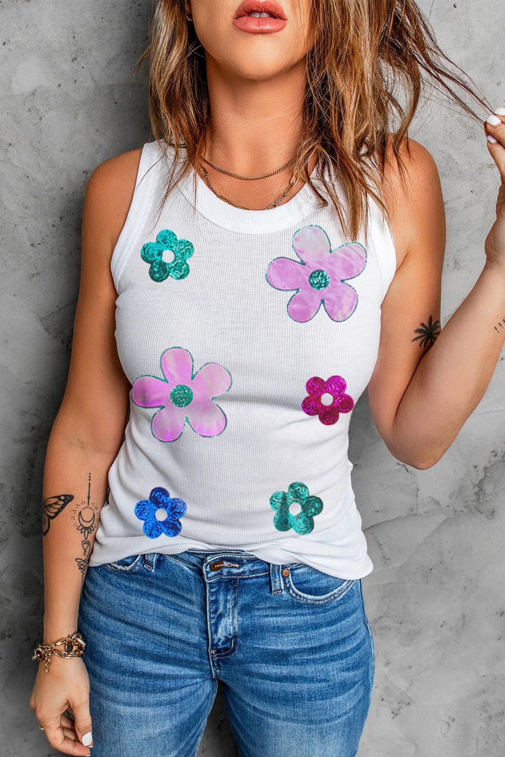 cool Sequin Flower Round Neck Tank