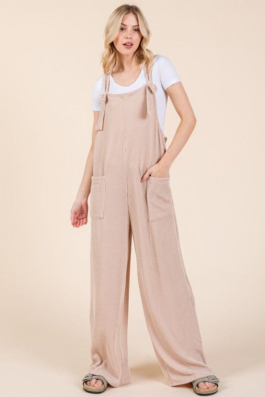 "BOMBOM Knot Straps Wide Leg Ribbed Overalls with Pockets displayed on a mannequin, showcasing the trendy knot straps, wide-leg design, and ribbed texture against a neutral background."