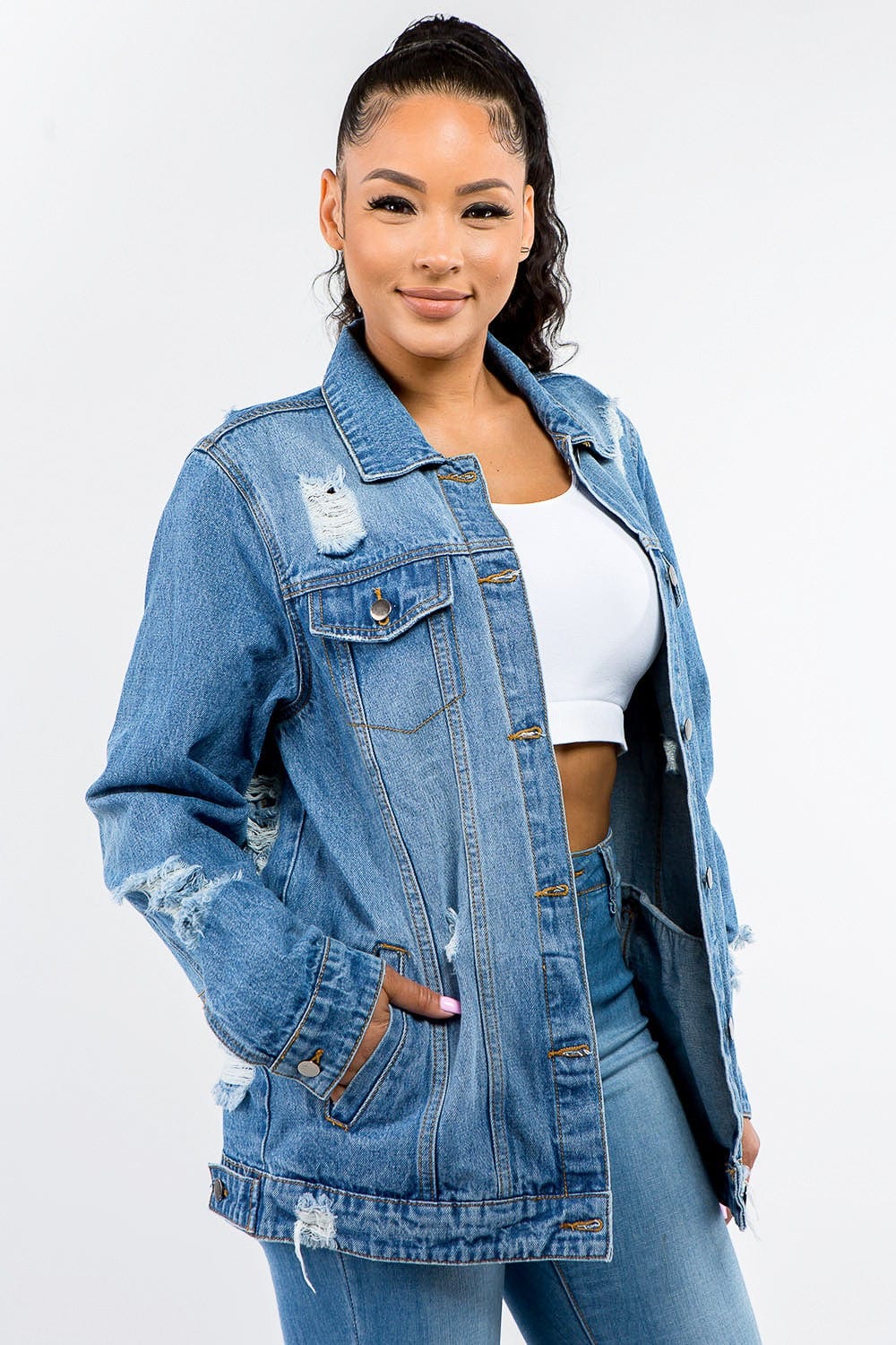 Bazi Full Size Button Up Distressed Denim Jacket