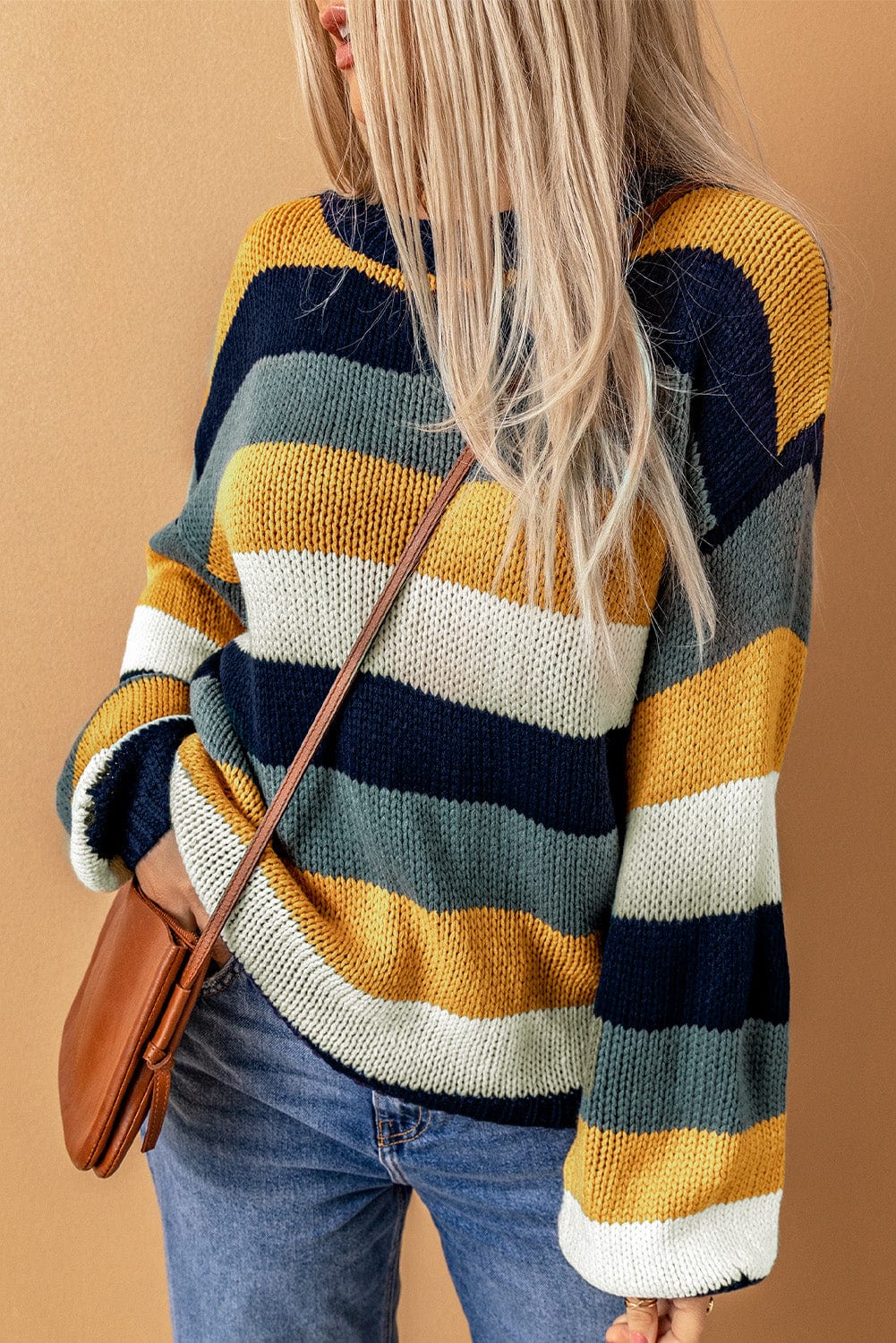 Color Block Round Neck Dropped Shoulder Sweater featuring a trendy color block design and relaxed dropped shoulder seams, perfect for casual and stylish outfits