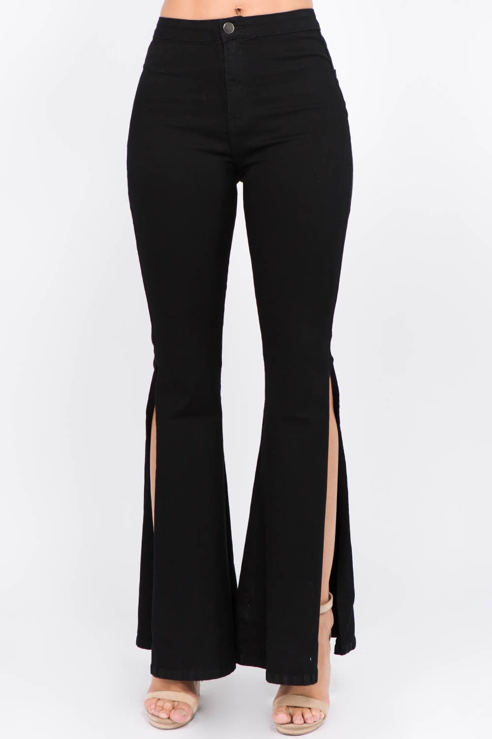 merican Bazi Side Slit Flare Jeans displayed on a model, featuring a high-waisted design with stylish side slits and a flared leg, paired with a trendy top, set against a bright, neutral background