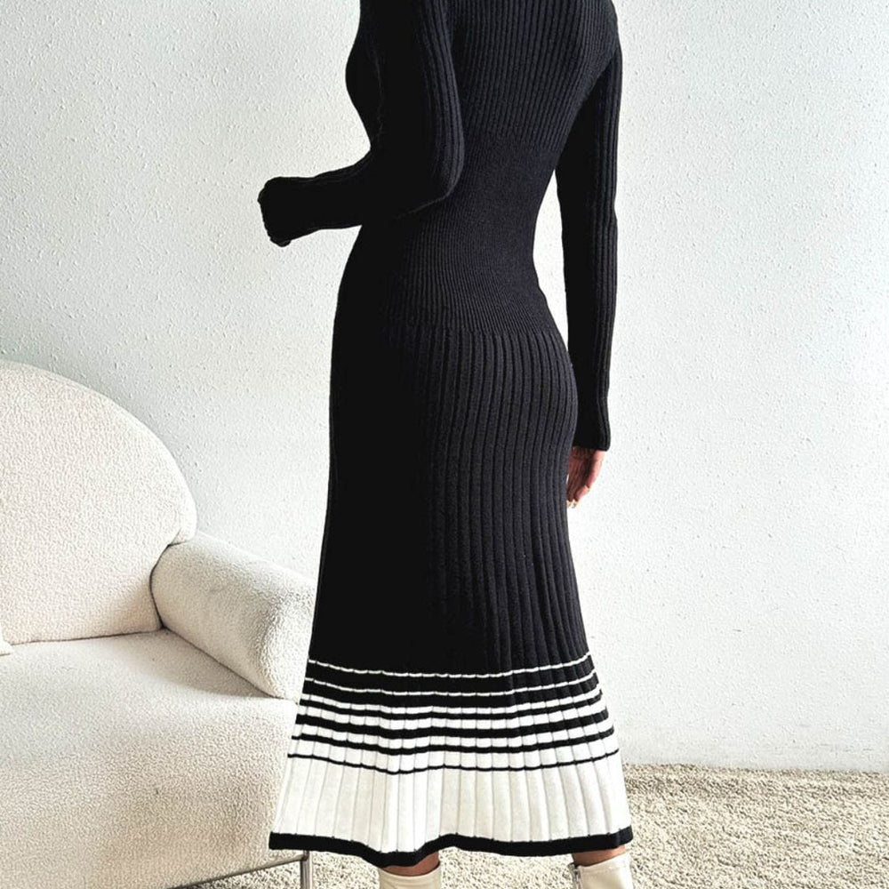 Front view of the Unique Kulture Contrast Mock Neck Long Sleeve Sweater Dress, featuring a stylish mock neck design, long sleeves, and a cozy sweater material. The dress showcases a modern silhouette with contrast detailing, perfect for casual outings and cooler weather