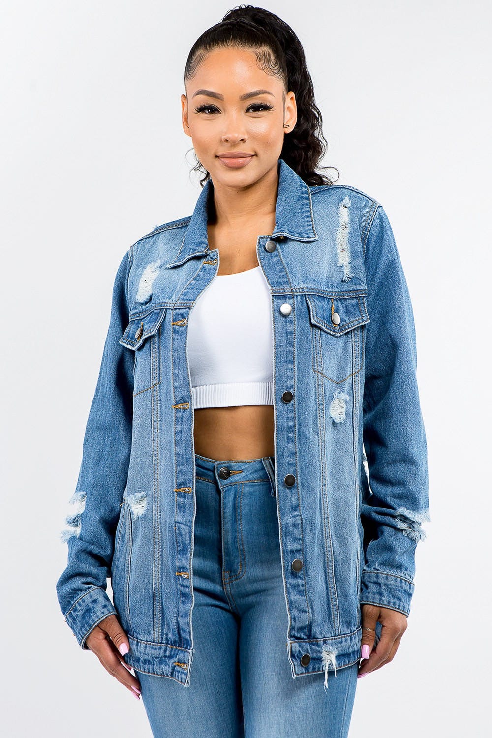 Bazi Full Size Button Up Distressed Denim Jacket