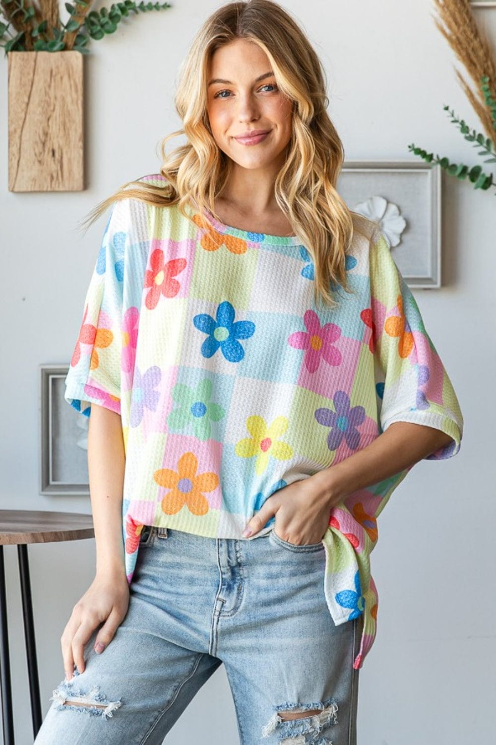 unique kulture designer HOPELY Floral Round Neck Waffle T-Shirt