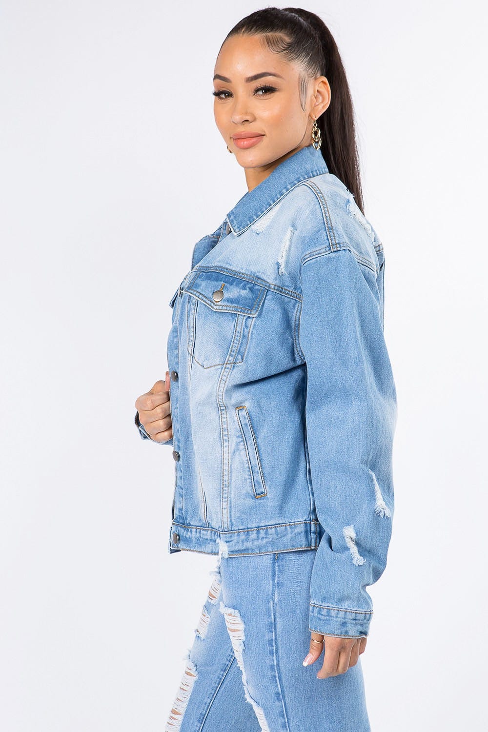 Bazi Graphic Distressed Long Sleeve Denim Jacket