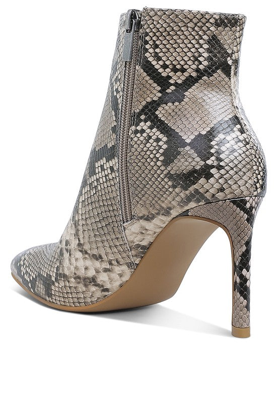 Tatria textured stiletto heel ankle boots in snake print faux leather by Unique Kulture

