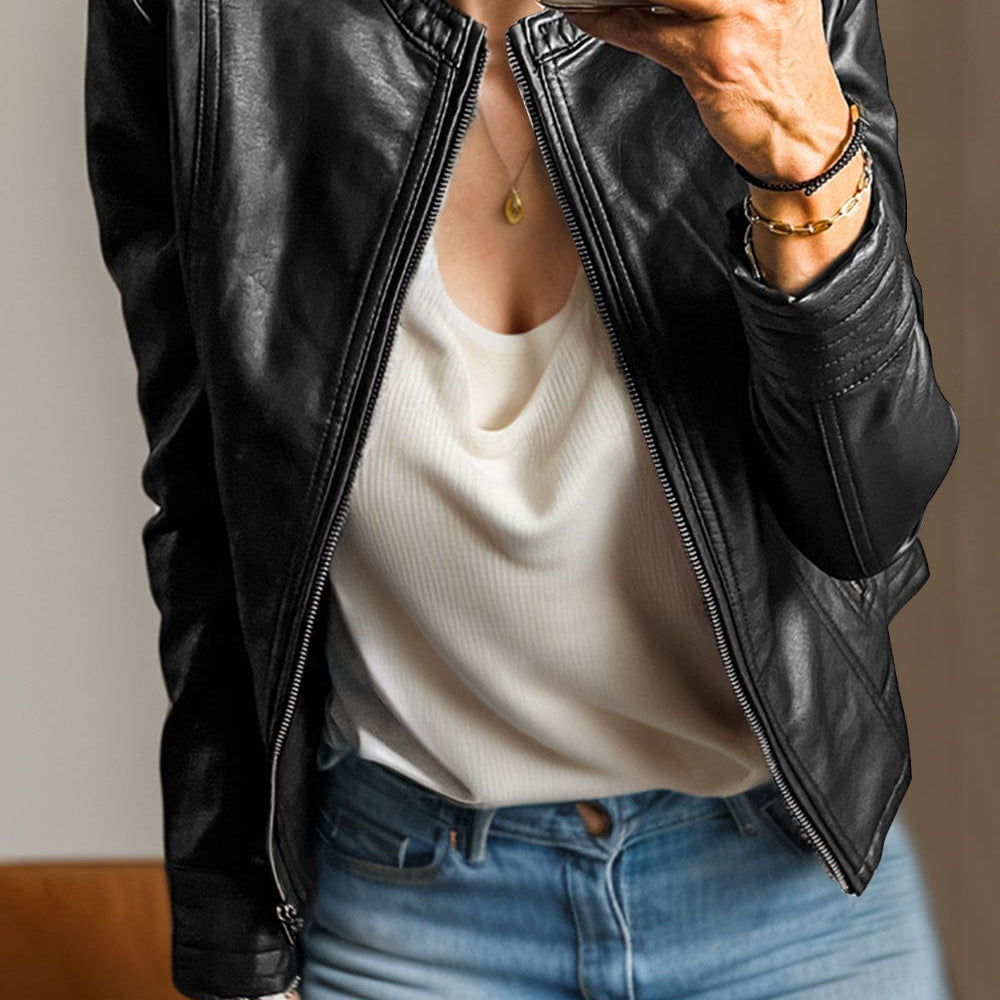 Front view of the Unique Kulture PU Leather Round Neck Long Sleeve Jacket, featuring a sleek design made from 100% PU leather. The jacket includes a round neckline, long sleeves, and practical pockets, with a lined interior for added comfort and warmth