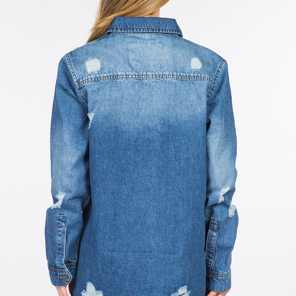 back view Unique Kulture Distressed Frayed Hem Denim Jacket featuring a classic denim silhouette with distressed detailing and a raw frayed hem. The jacket is shown in a stylish, casual setting, highlighting its edgy design and versatility for layering over various outfits
