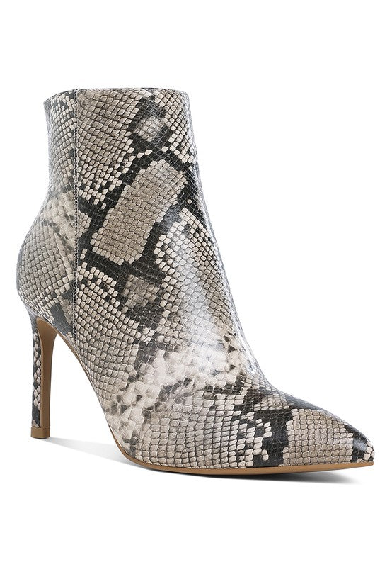 Tatria textured stiletto heel ankle boots in snake print faux leather by Unique Kulture

