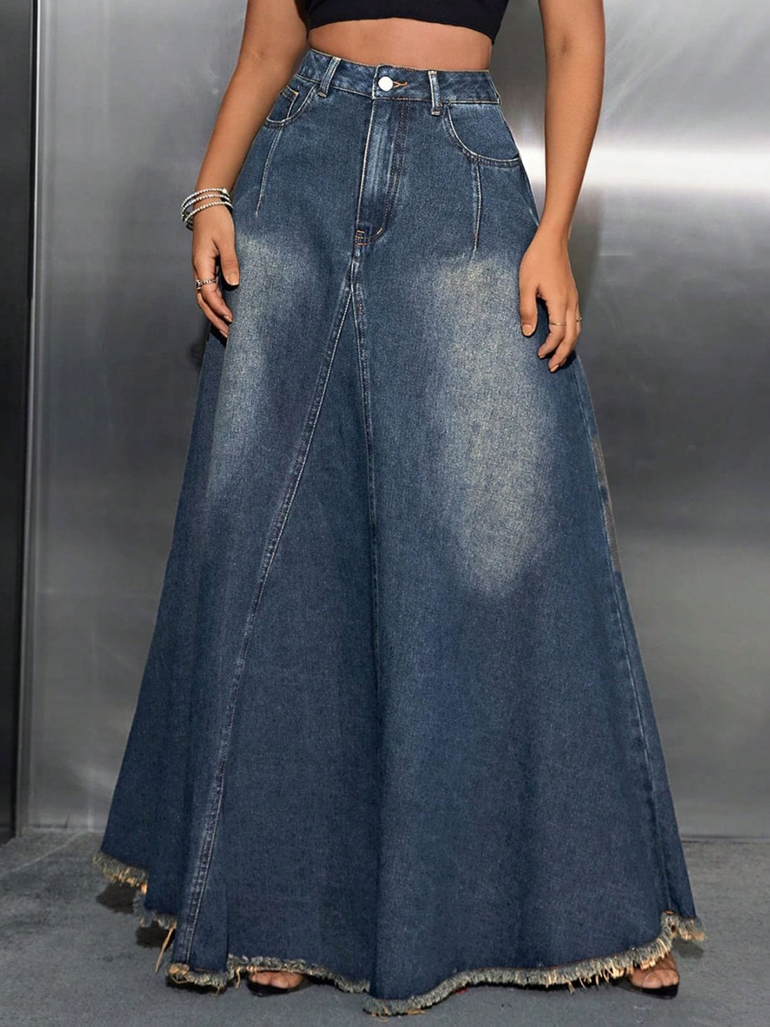 Raw Hem High Waist Denim Skirt with Pockets