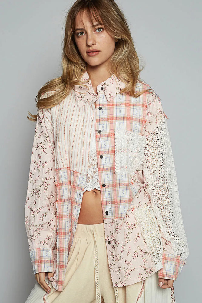 Oversized patchwork button-up shirt with mixed floral, stripe, and checkered prints in soft pink and cream, featuring lace details and a relaxed fit—styled for effortless, feminine fashion.

