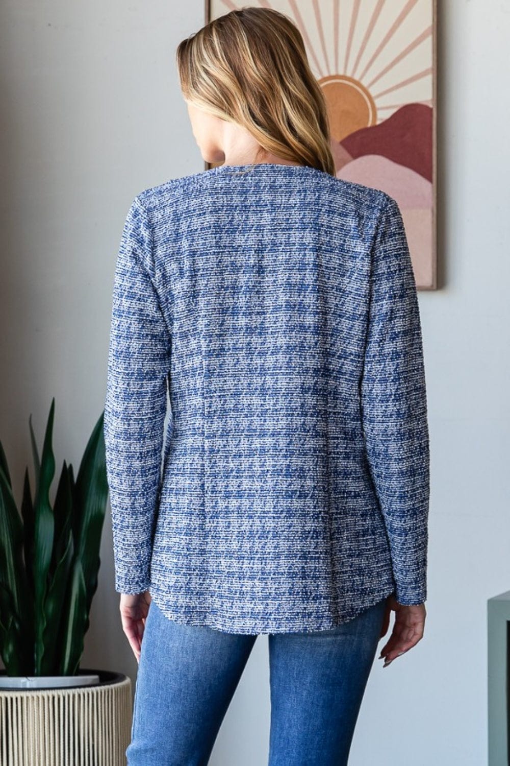 back view  Unique Kulture Heimish Full Size Houndstooth Tweed Open Front Blazer featuring a classic houndstooth pattern and a modern open front design. The blazer is displayed in a stylish setting, highlighting its elegant texture and versatility for both professional and casual outfits.