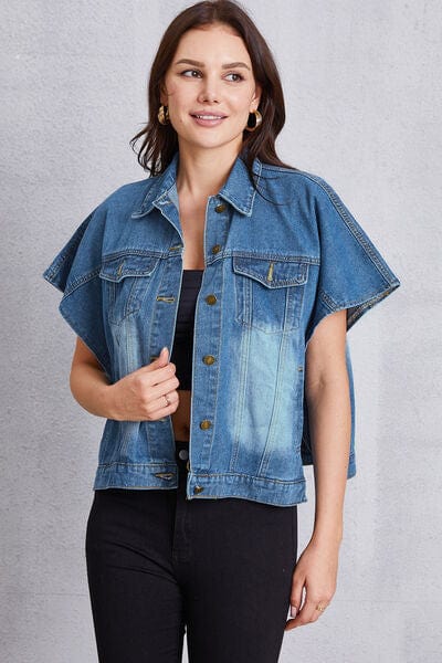 or Unique Kulture Designer Pocketed Button Up Short Sleeve Denim Top: A stylish denim short-sleeve top with unique design elements, featuring a button-up front and strategically placed pockets. The denim fabric adds a casual yet fashionable touch to this versatile wardrobe piece.