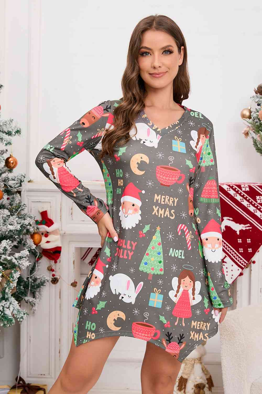Christmas Element V-Neck Long Sleeve Mini Dress