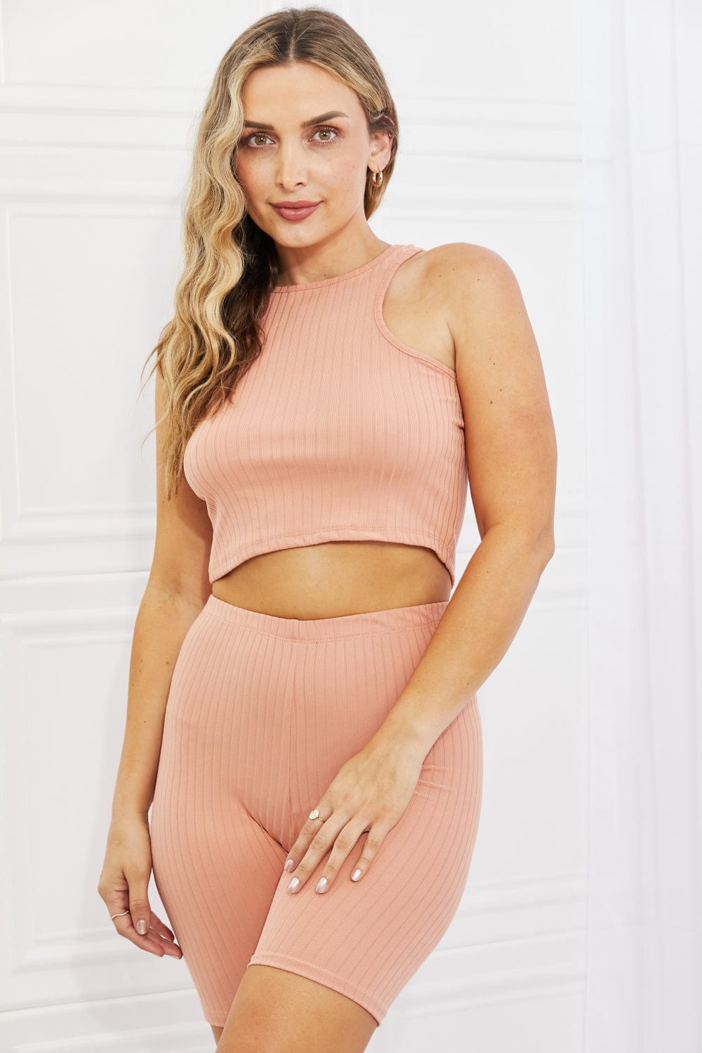 Capella In The Works Ribbed Halter Crop Top and Biker Shorts Sets in Peach
