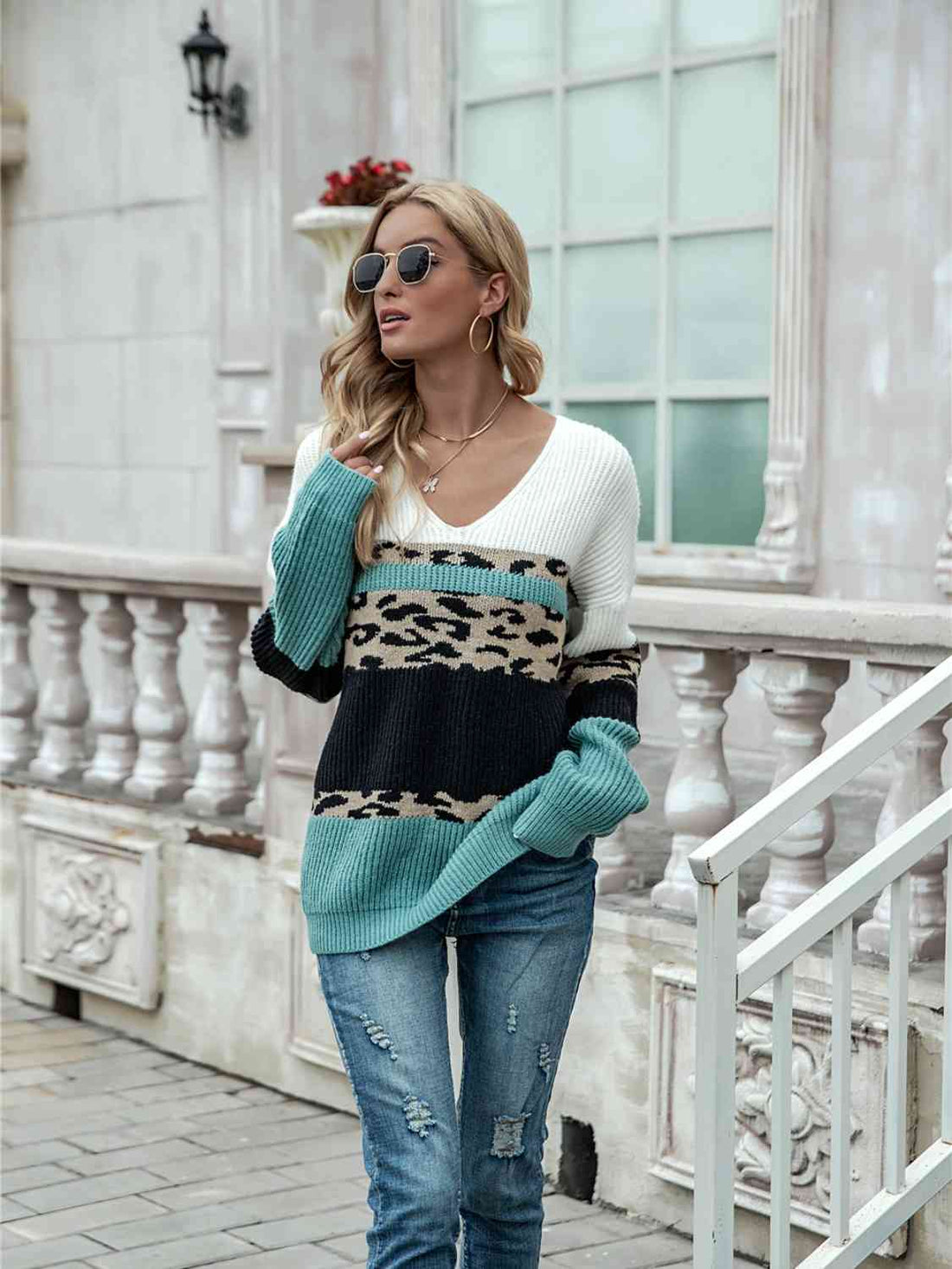 Leopard Color Block V-Neck Sweater