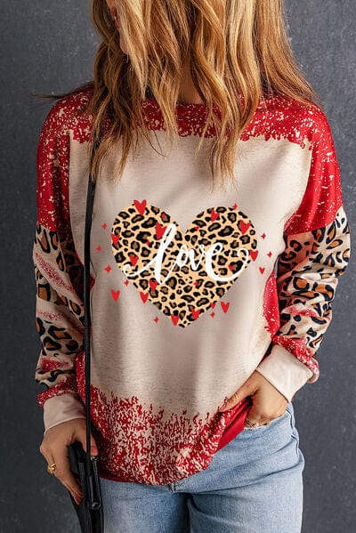 LOVE Heart Leopard Round Neck Sweatshirt