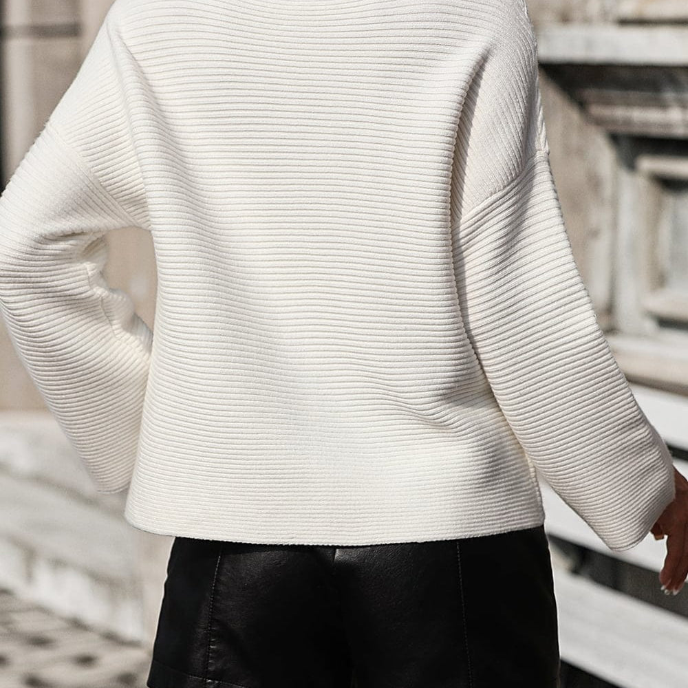 Mock Neck Dropped Shoulder Pullover Sweater Unique Kulture Fashion