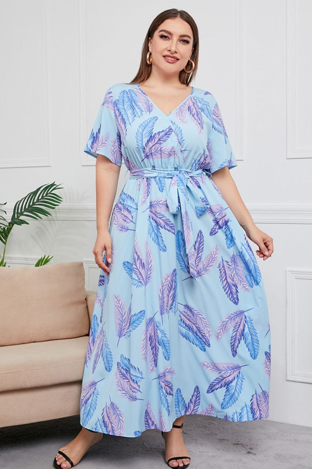 Plus Size Printed Surplice Short Sleeve Maxi Dress