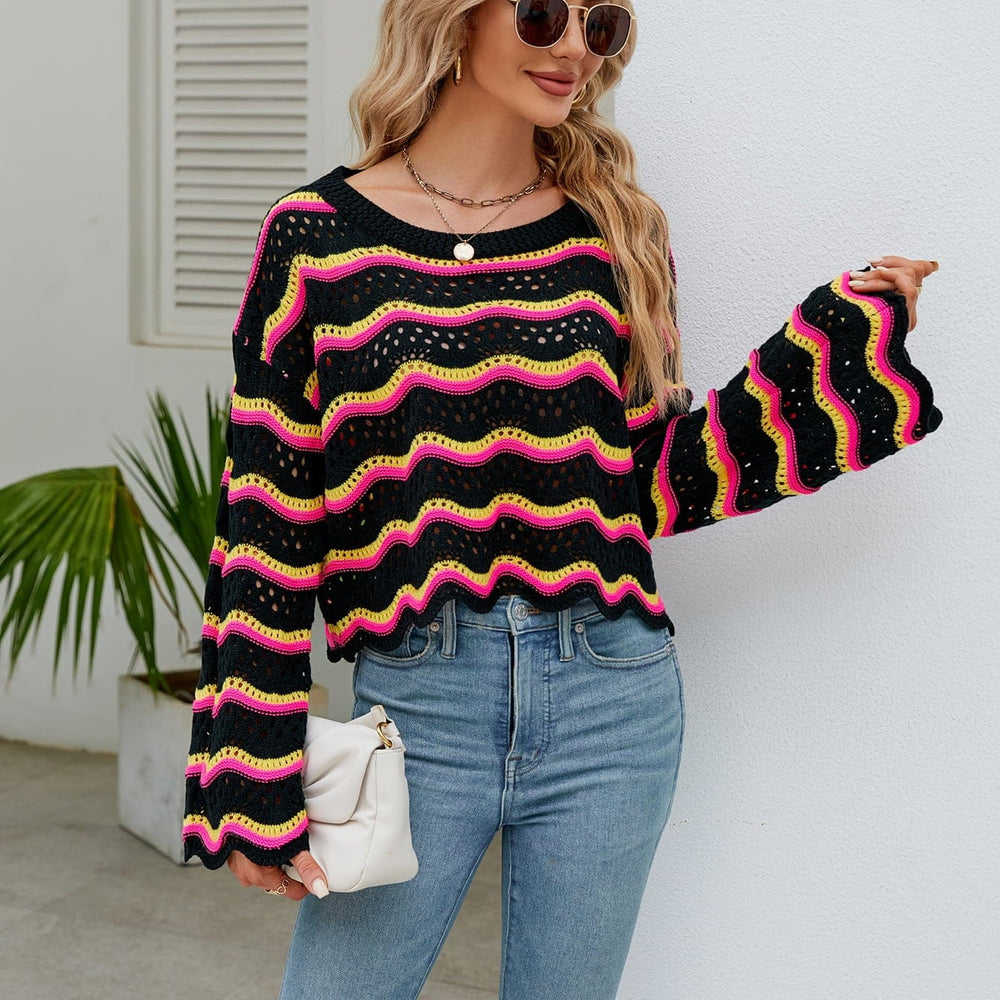 Round Neck Openwork Flare Sleeve Knit Top Unique Kulture Designer FashionRound Neck Openwork Flare Sleeve Knit Top Unique Kulture Designer Fashion