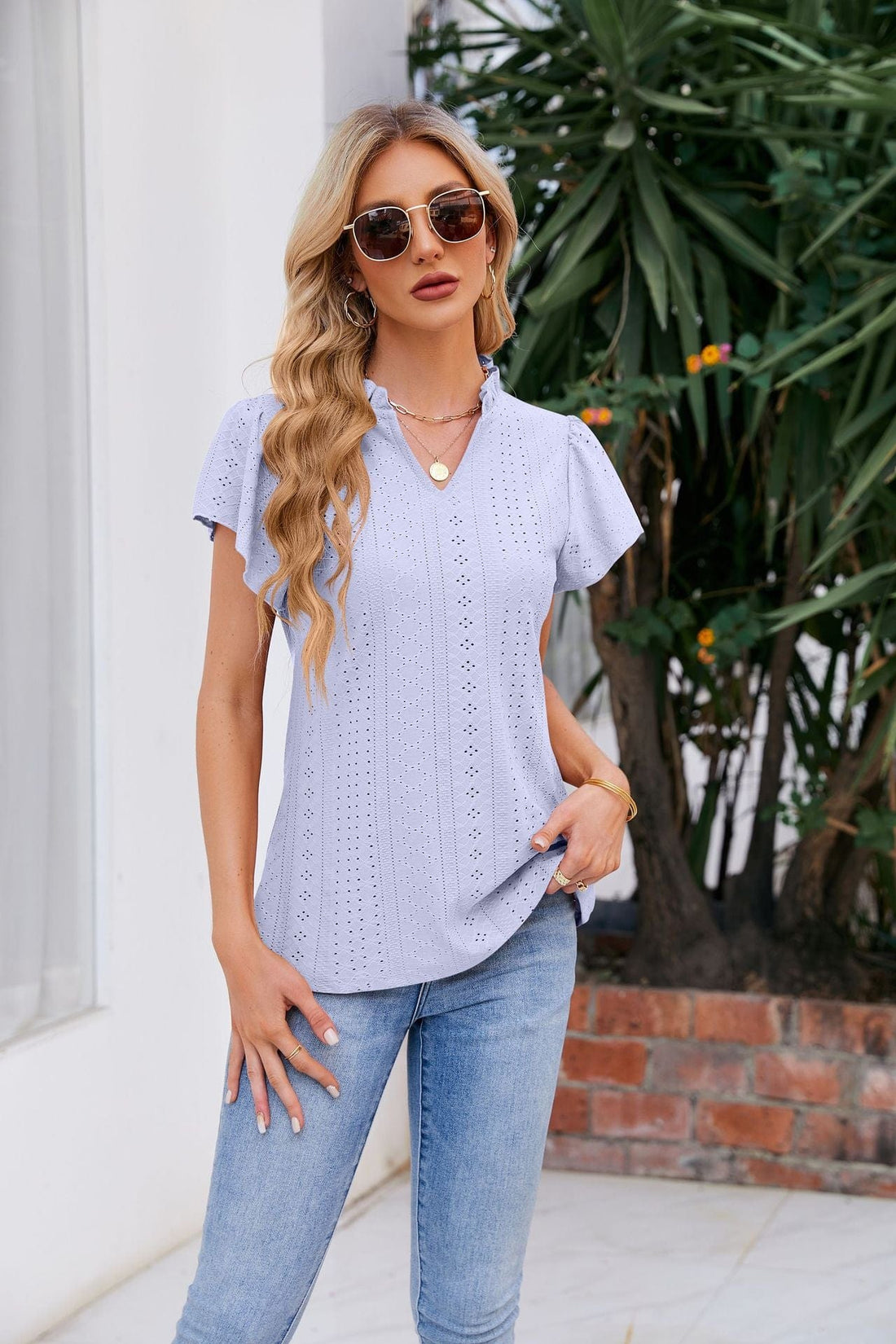 Notched Neck Puff Sleeve Blouse