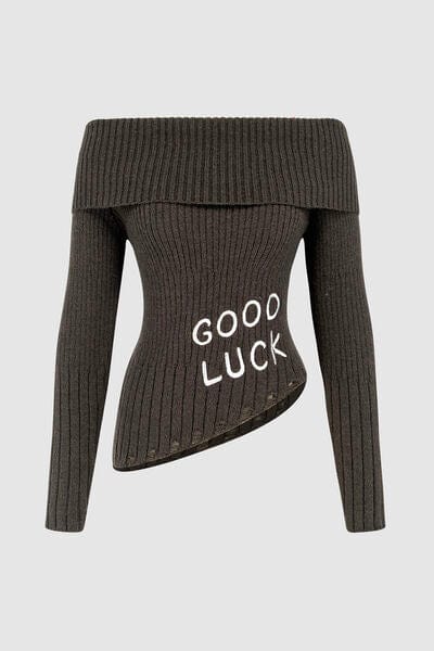 GOOD LUCK Distressed Off-Shoulder Sweater