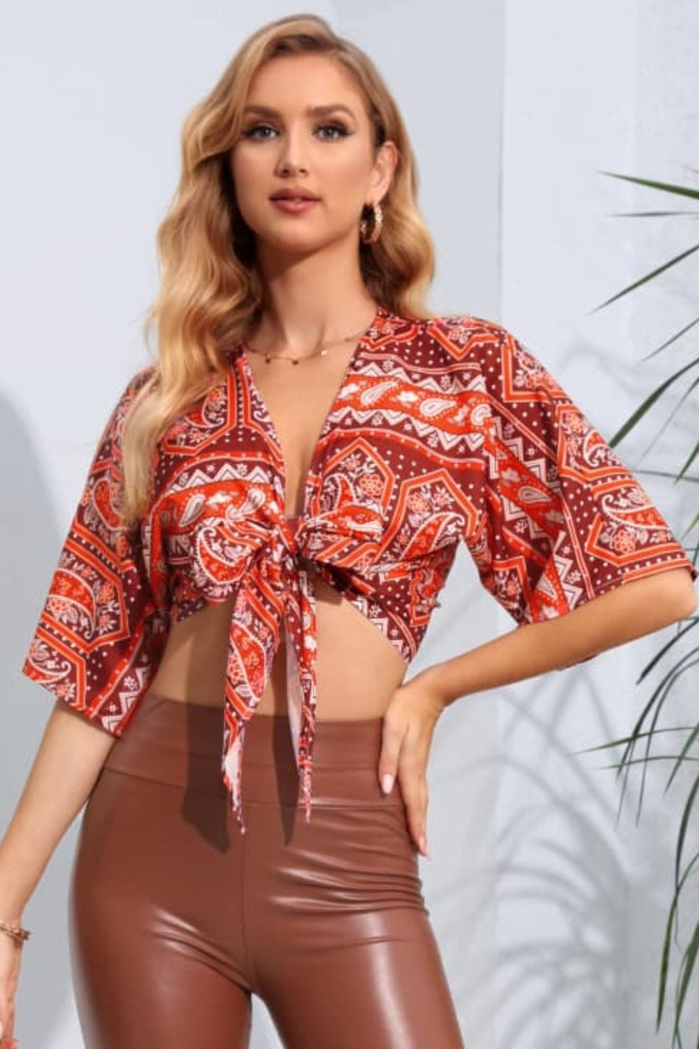 Printed Tie Front Cropped Dolman Sleeve Blouse