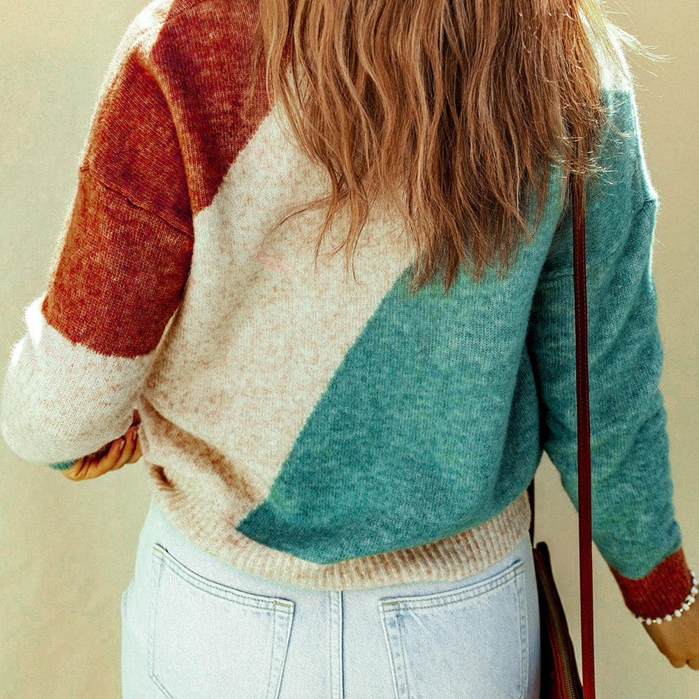 Color Block Round Neck Dropped Shoulder Pullover Sweater unique kulture dsigner fashion