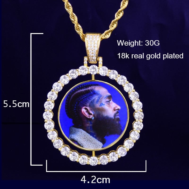 Double  Letter Custom Photo Necklace for Men Rotating Double-Sided Medallions Spinning Pendant  Hip Hop Jewelry