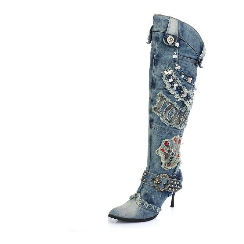 Blue Denim High Heels Unique Kulture Designer Fahsion Jeans Heels 