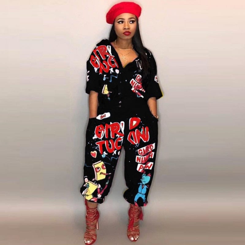 unique fashion jumpsuit, designer jumpsuit, streetwear jumpsuit, cartoon pattern jumpsuit, polyester jumpsuit, full length jumpsuit, boot cut fit jumpsuit, broadcloth fabric jumpsuit, trendy jumpsuit, exclusive jumpsuit, stylish jumpsuit, fashion-forward jumpsuit, distinctive jumpsuit, high-quality jumpsuit, comfortable jumpsuit, individualistic jumpsuit, statement jumpsuit, fashionista jumpsuit.