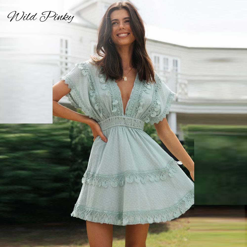 WildPinky 2022 Sexy V-Neck Tassel Women Summer Cotton Batwing Sleeve Sundress Lace Tie Up Beach Ladies Ruffle Mini Dress Vestido wild pinky designer fashion unique kulture