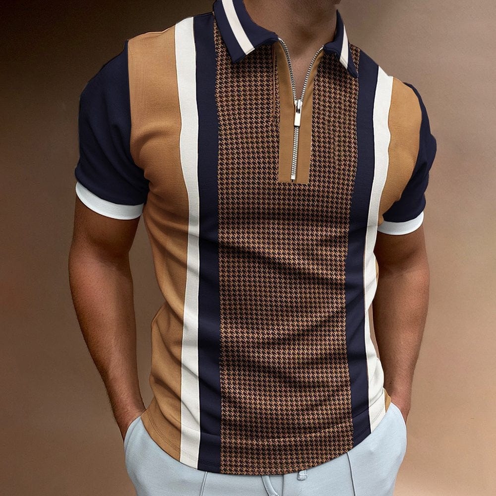 2022 Summer Chic Plaid stripe Casual Mens Short Sleeve Polo Shirts Patchwork Turn-down Collar Zipper Design Men Street clothes  unique kulture fashion 